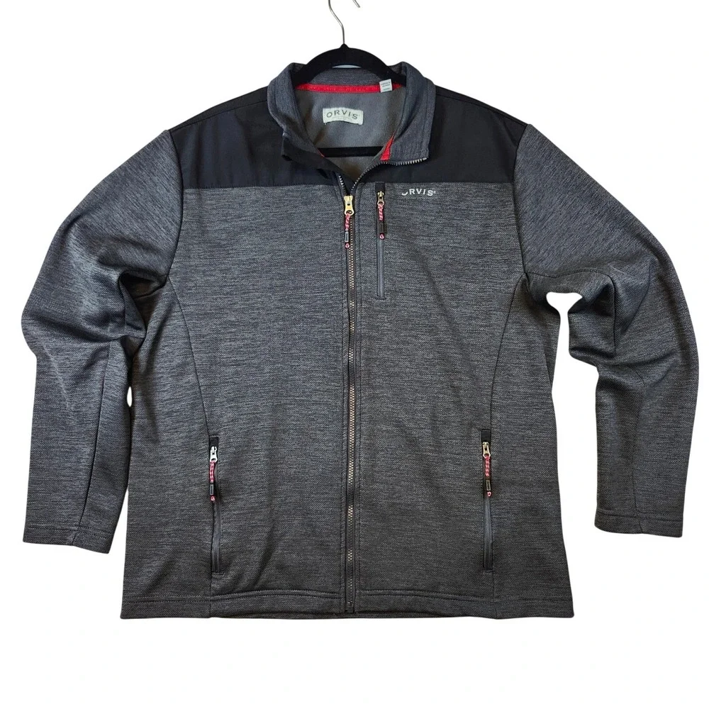 Orvis Mens Full Zip Fleece Jacket Grey‎ Black Textured Knit Mock Neck Large